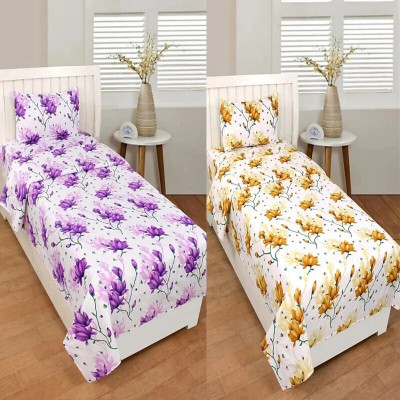 HSR Collection 144 TC Microfiber Single 3D Printed Flat Bedsheet(Pack of 2, Multicolor)