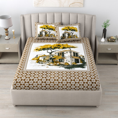 HomeMoods 180 TC Cotton King Jaipuri Prints Flat Bedsheet(Pack of 1, Brown)