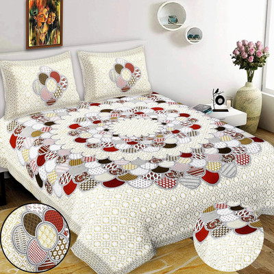 Leo Creation 144 TC Cotton Double Jaipuri Prints Flat Bedsheet(Pack of 1, Red, Beige, Green, Black)