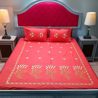 Arsha Chikankari Cotton Double Flat 230 TC Embroidered Bedsheet(Pack of 1, Bright Red)