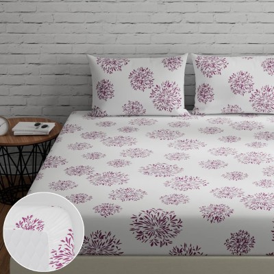 Huesland 144 TC Cotton King Geometric Fitted (Elastic) Bedsheet(Pack of 1, White (Mauve Print))