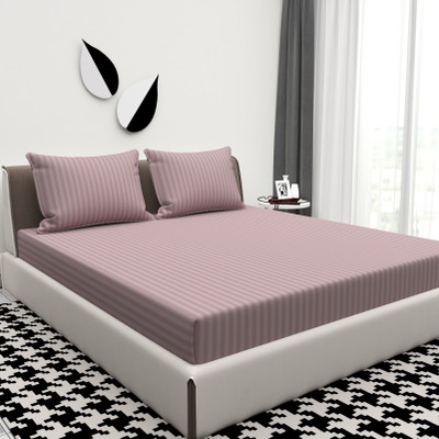 Rivik Cotton Blend Double Flat 240 TC Striped Bedsheet(Pack of 1, Beige)