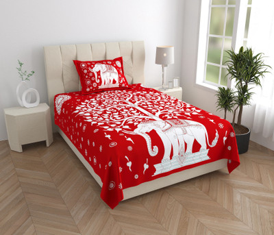 ABHACLOTHO Cotton Single Flat 144 TC Jaipuri Prints Bedsheet(Pack of 1, Red)