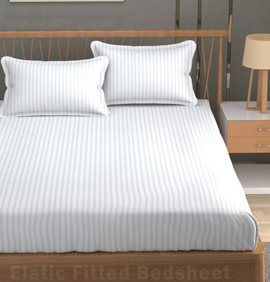 REDROME Cotton Double Fitted (Elastic) 300 TC Striped Bedsheet(Pack of 1, White)