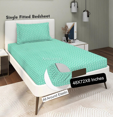 Amrange 190 TC Cotton Single Abstract Fitted (Elastic) Bedsheet(Pack of 1, Green)