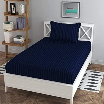 Shree Paras 220 TC Satin Single Striped Flat Bedsheet(Pack of 1, Single Flat sheet with 1 Pillow Cover, Navy Blue)