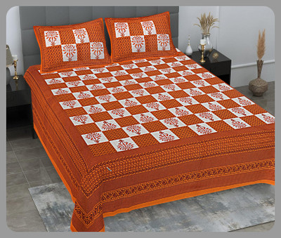 BedZone Cotton Double Flat 240 TC Jaipuri Prints Bedsheet(Pack of 1, Orange)