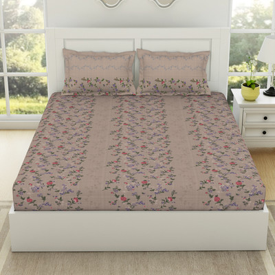 SPACES 144 TC Cotton King Floral Fitted (Elastic) Bedsheet(Pack of 1, MAUVE MORN)