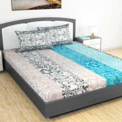 Divine Casa Cotton King Flat 144 TC Floral Bedsheet(Pack of 1, Blue & Grey)