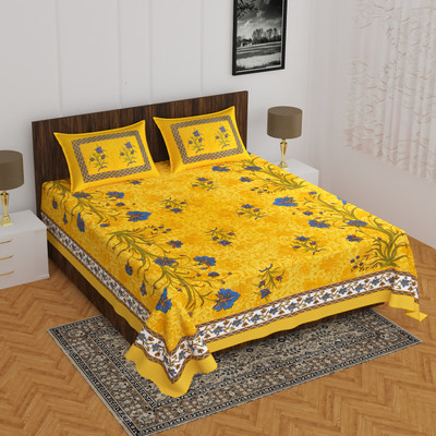 Indian Royal Fashion Cotton Double Flat 144 TC Floral Bedsheet(Pack of 1, Yellow)