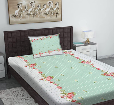 YaAkholic Cotton Single Flat 260 TC Printed Bedsheet(Pack of 1, Green bed sheet)