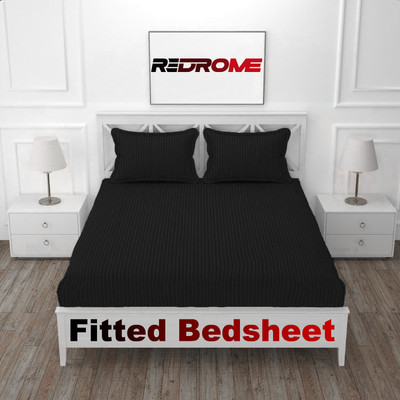 REDROME Cotton King Fitted (Elastic) 280 TC Striped Bedsheet(Pack of 1, Black)