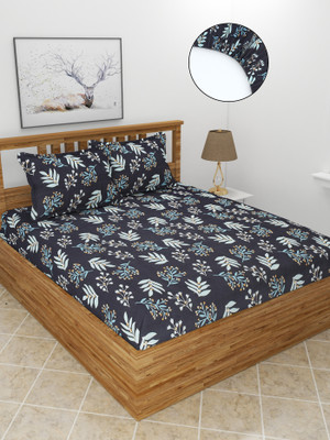 MORADO 210 TC Polycotton Double Floral Fitted (Elastic) Bedsheet(Pack of 1, Black)