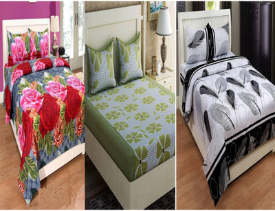 HSR Collection Cotton Double Flat 210 TC Printed Bedsheet(Pack of 3, Multicolor)