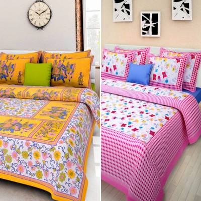 Sugun Cotton Double Flat 144 TC Jaipuri Prints Bedsheet(Pack of 2, Multicolor)