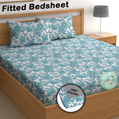 CG Homes 180 TC Cotton Double Printed Fitted (Elastic) Bedsheet(Pack of 1, Blue Floral)