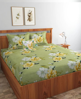 Apni Dukan Cotton Queen Flat 204 TC Printed Bedsheet(Pack of 1, Green(1 Bedsheet+2 Pillow cover+2 Cushion with filler))