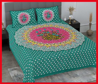 BedZone Cotton Double Flat 230 TC Jaipuri Prints Bedsheet(Pack of 1, Green)
