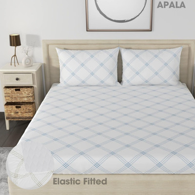 Apala 280 TC Microfiber King Geometric Fitted (Elastic) Bedsheet(Pack of 1, White (Blue Print))