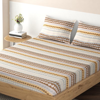 HOKiPO 220 TC Microfiber Double Striped Fitted (Elastic) Bedsheet(Pack of 1, Seamless Spiral Stripes Almond Brown)