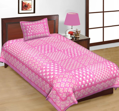 Pink City Cotton Single Flat 144 TC Jaipuri Prints Bedsheet(Pack of 1, Pink 1)