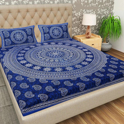 BharatLinen Cotton Queen Flat 144 TC Printed Bedsheet(Pack of 1, Blue)