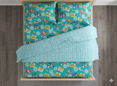 KMI STORES Cotton Double Flat 160 TC Cartoon Bedsheet(Pack of 2, sea, Green)