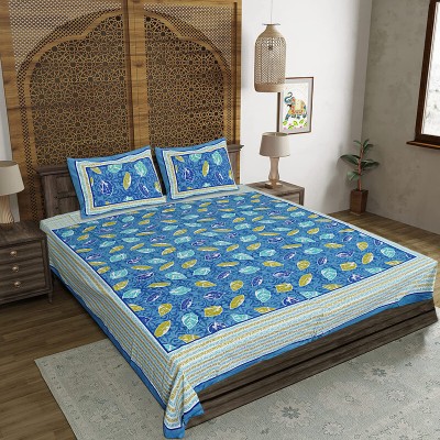 FrionKandy Living 140 TC Cotton Double Jaipuri Prints Flat Bedsheet(Pack of 1, Blue)