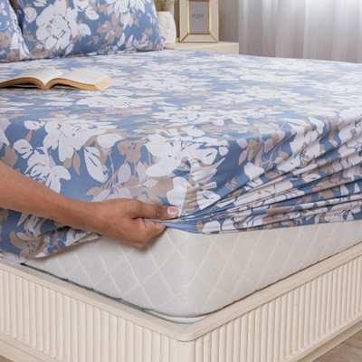 HOMEMONDE Cotton King Fitted (Elastic) 210 TC Printed Bedsheet(Pack of 1, Blossom Haze)