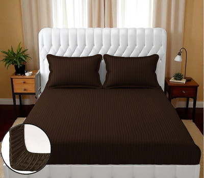 RADRUGS 175 TC Cotton Double Striped Fitted (Elastic) Bedsheet(Pack of 1, Brown)