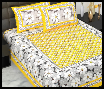 JAIPUR PRINTS Cotton Double Flat 160 TC Jaipuri Prints Bedsheet(Pack of 1, Yellow)
