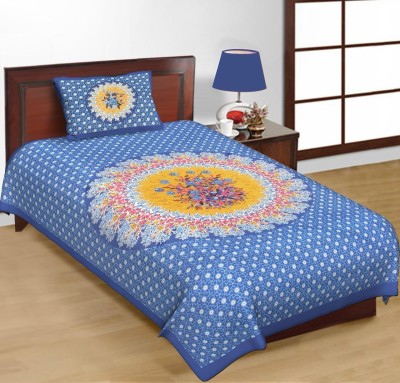 LATHI 144 TC Cotton Single Floral Flat Bedsheet(Pack of 1, Blue)