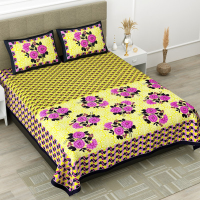 BharatLinen Cotton Super King Flat 300 TC Jaipuri Prints Bedsheet(Pack of 1, Green)
