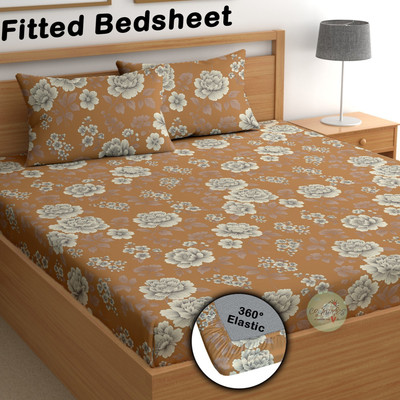 CG Homes Cotton Double Fitted (Elastic) 180 TC Floral Bedsheet(Pack of 1, Brown)