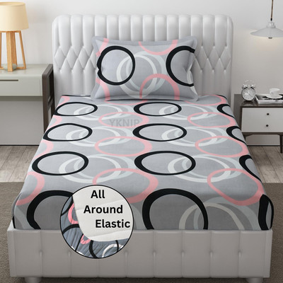 YKNIP 250 TC Cotton Single Geometric Fitted (Elastic) Bedsheet(Pack of 1, Cotton Single Fitted Bedsheet 72x36 In with 1 Pillow Covers 18x28 In Grey 23)