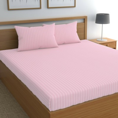 VORDVIGO 300 TC Cotton Double Striped Flat Bedsheet(Pack of 1, Baby Pink)