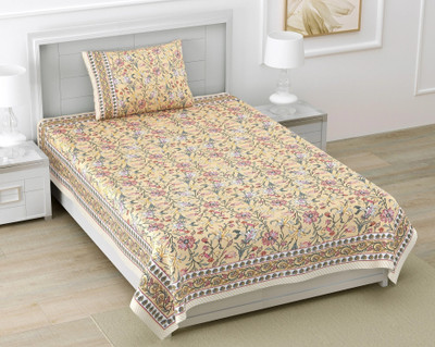 DIGITRENDZZ 280 TC Cotton Single Jaipuri Prints Flat Bedsheet(Pack of 1, Grey, Yellow)