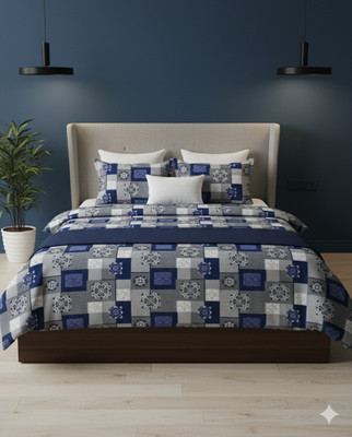 NO BRND Cotton Blend Queen, Double Flat 200 TC Geometric Bedsheet(Pack of 1, Blue, 2 pillow cover)