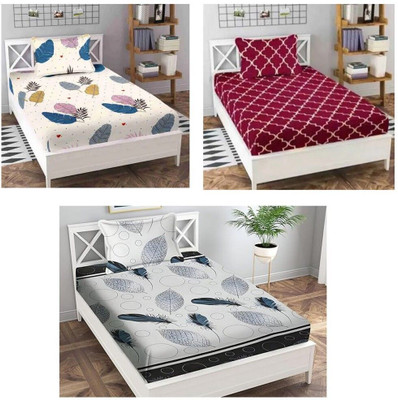 Aarvi styles Cotton Single Flat 104 TC 3D Printed Bedsheet(Pack of 3, Pink, Blue, Grey)