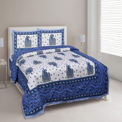 EasyGoods Cotton King Flat 240 TC Jaipuri Prints Bedsheet(Pack of 1, Blue)