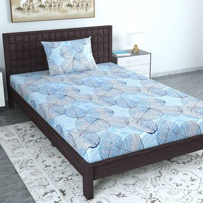 Divine Casa Cotton Single Flat 144 TC Floral Bedsheet(Pack of 1, Iris Blue)