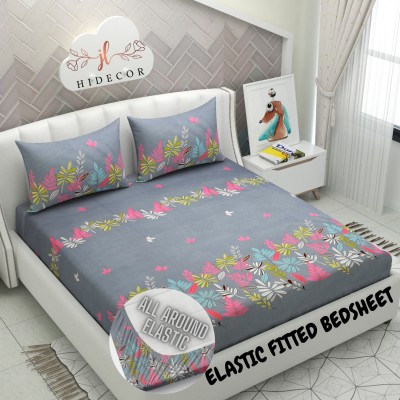 HIDECOR 250 TC Cotton King Floral Fitted (Elastic) Bedsheet(Pack of 1, Grey)