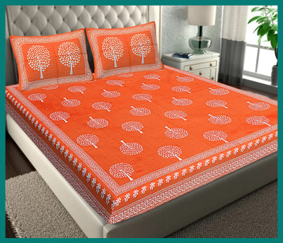 BedZone Cotton Double Flat 240 TC Jaipuri Prints Bedsheet(Pack of 1, Orange)