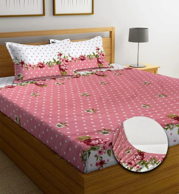 BEVI Microfiber Double Fitted (Elastic) 300 TC Printed Bedsheet(Pack of 1, Pink)