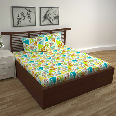 Divine Casa Cotton Double Flat 144 TC Floral Bedsheet(Pack of 1, Lime Punch)