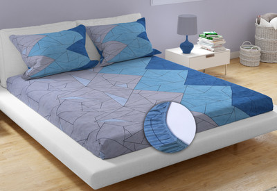 AAZEEM 180 TC Polyester Double Abstract Fitted (Elastic) Bedsheet(Pack of 1, Blue)