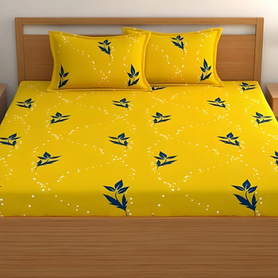 Vrapt 240 TC Cotton Double Printed Fitted (Elastic) Bedsheet(Pack of 1, Yellow Bedsheet)