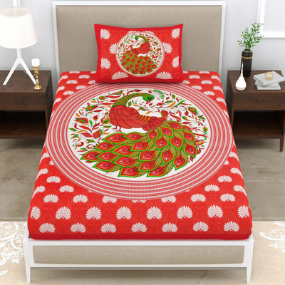 Mandakini 140 TC Cotton Single Jaipuri Prints Flat Bedsheet(Pack of 1, Red)
