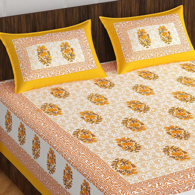 Pink City Cotton Double Flat 144 TC Jaipuri Prints Bedsheet(Pack of 1, Yellow)