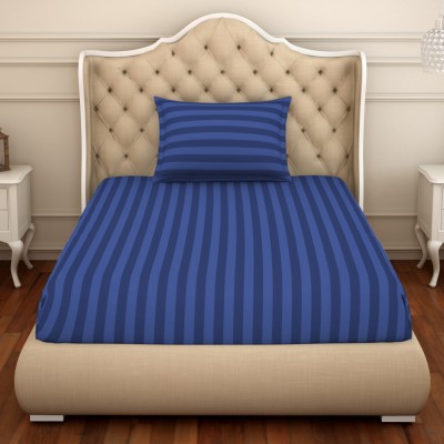 SPACES 210 TC Cotton Single Striped Flat Bedsheet(Pack of 1, Navy Blue)